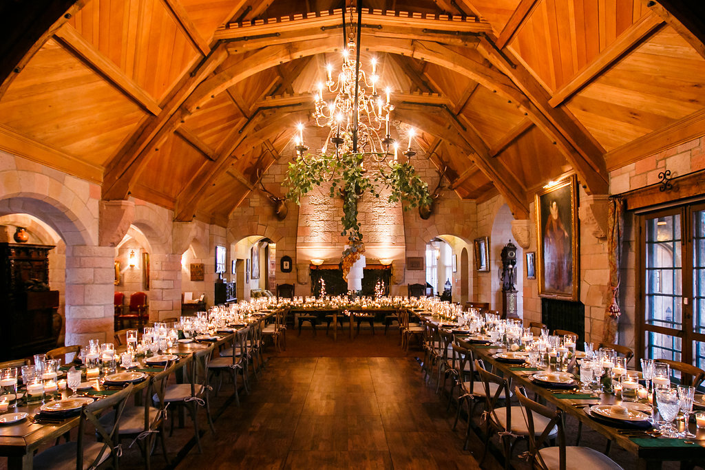 A warm, candlelit reception in a Colorado mountain lodge